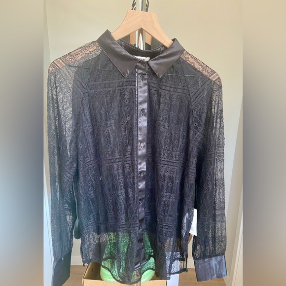 L 🔖 JASON WU Lace See Through Button Down Shirt Blouse Silk Black $240 - Picture 1 of 10